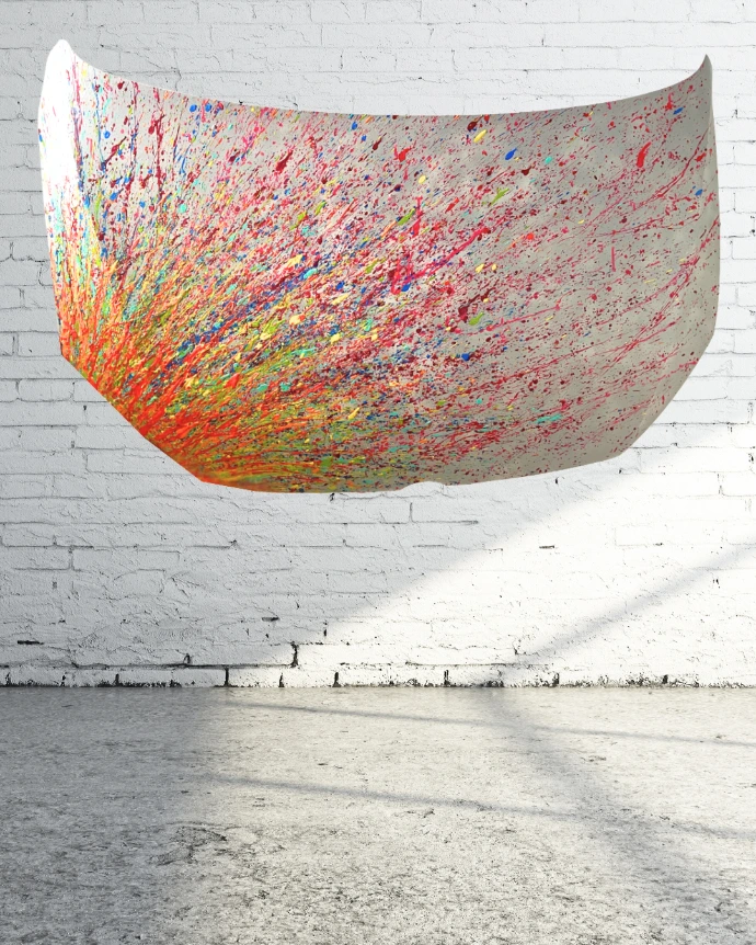 Capot de voiture accidenté peint, série IMPACT, œuvre d’Olivier Deruyttere explorant le choc et la transformation